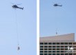 Two photos showing a helicopter lifting an HVAC unit via longline to the top of a building