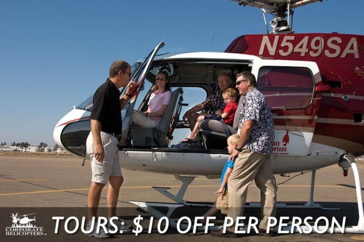A family boarding a helicopter. Text reads: Tours: $10 off per person