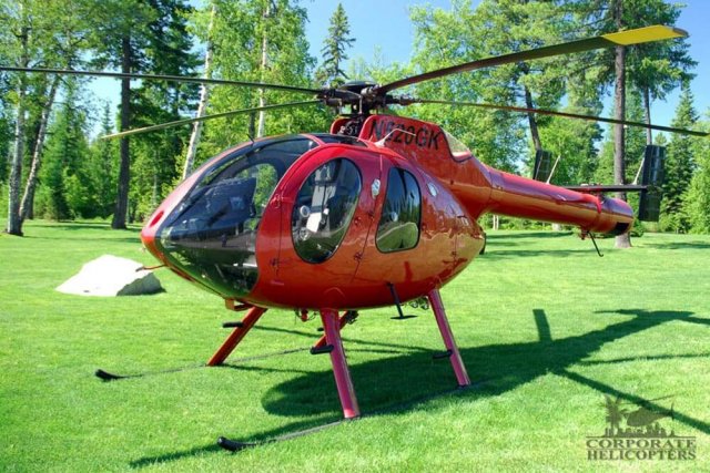 2002 MD 500N helicopter landed on green grass