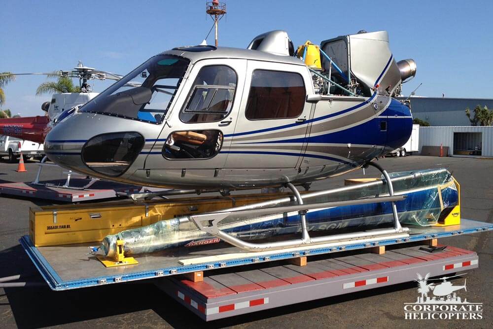 Part of an AStar AS350 B2 helicopter on a shipping pallet