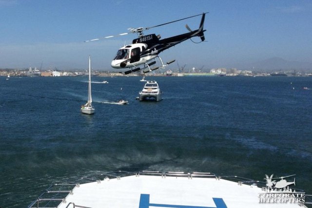 Corporate Helicopters' story helicopter landing on Yacht in San Diego Bay,