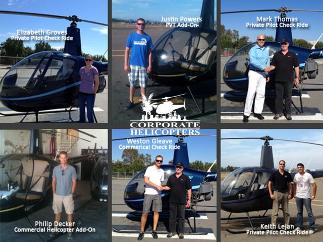 Photo collage of helicopter training students next to helicopters