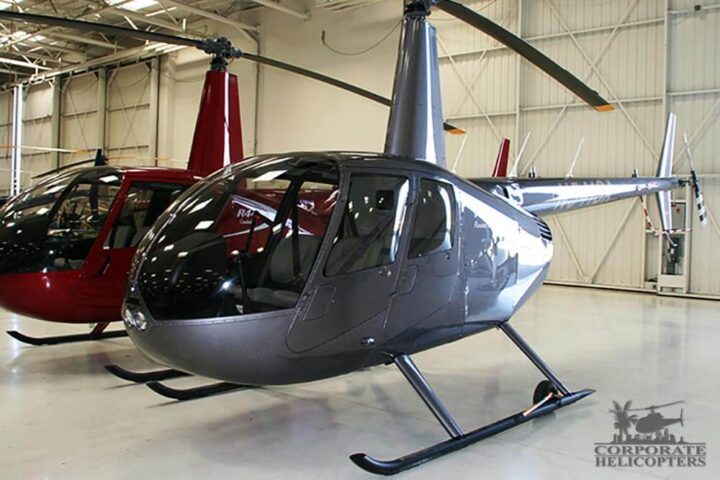 Two 2017 Robinson R44 Raven II helicopters in a hangar