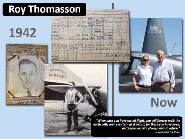 Photo collage of Roy Thomasson, a man that took a helicopter flight lesson at age 94