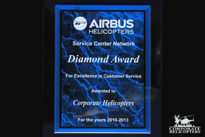 Airbus Helicopters Diamond Award for excellence in customer service, awarded to Corporate Helicopters for the years 2010-2013