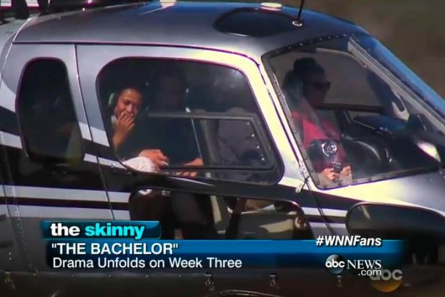 A screenshot from The Bachelor of a helicopter flying Ben and Jubilee to Cal-a-Vie