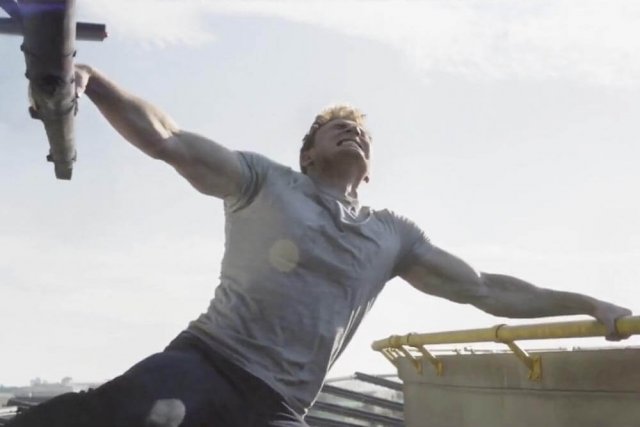 Captain America holds down an Aibus AS350 in Captain America: Civil War