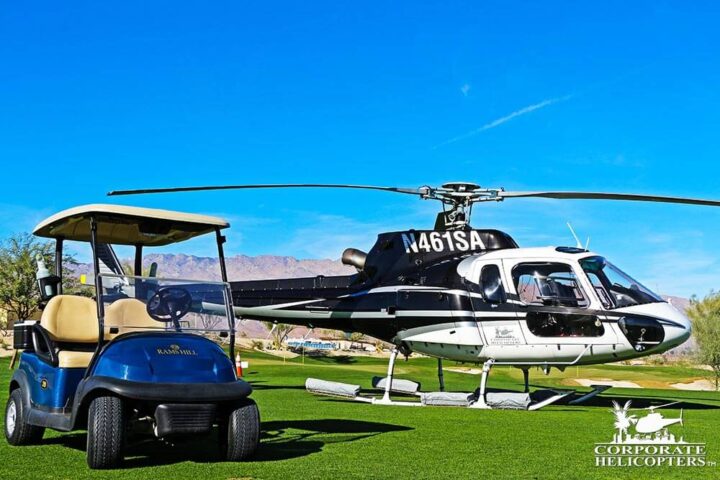 Helicopter and golf cart on golf course
