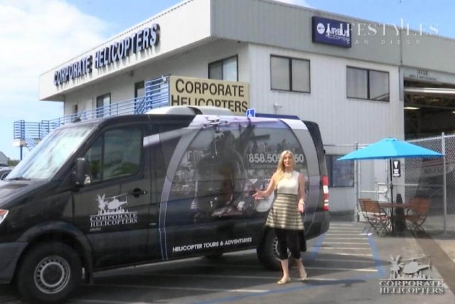 Woman talking to camera in front of Corporate Helicopters