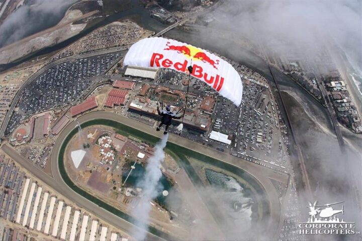 Red Bull Skydiver parachutes over Del Mar Racetrack
