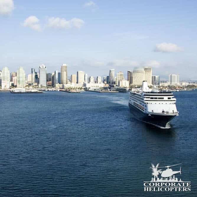 Aerial view of Cruise ship departing San Diego Bay.
