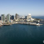 Aerial view of San Diego Bay, featuring most of the skyline features.