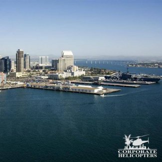 Aerial view of San Diego Bay, featuring most of the skyline features.