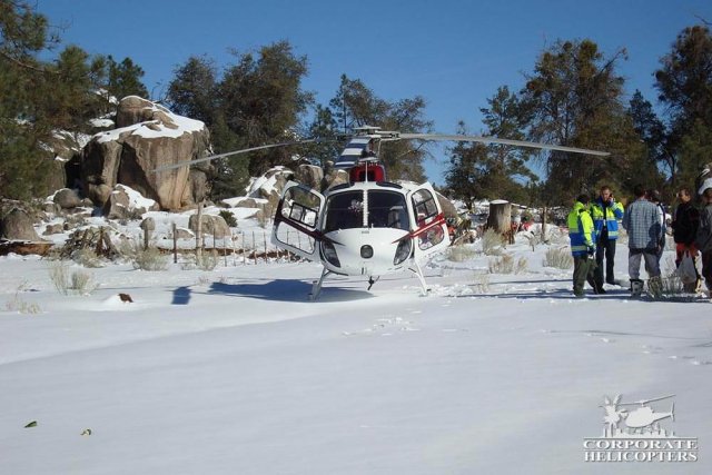 A helicopter landed in the snow, people stand next to it