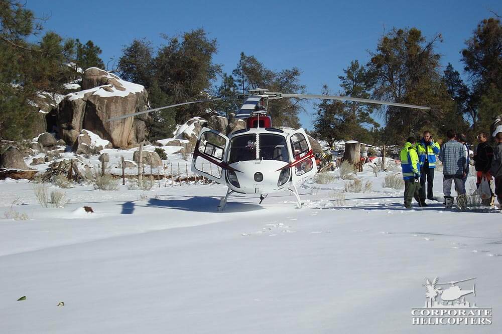 A helicopter landed in the snow, people stand next to it