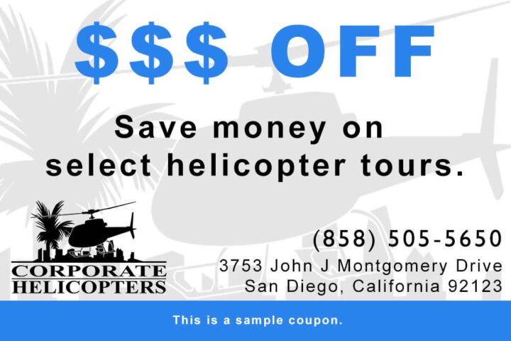 Mock coupon. Text reads: Save money on select helicopter tours