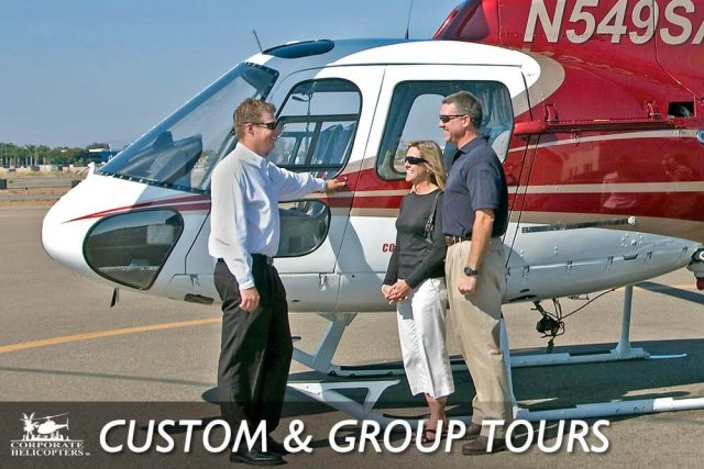 Couple and pilot in front of helicopter. Text reads: Custom & group tours