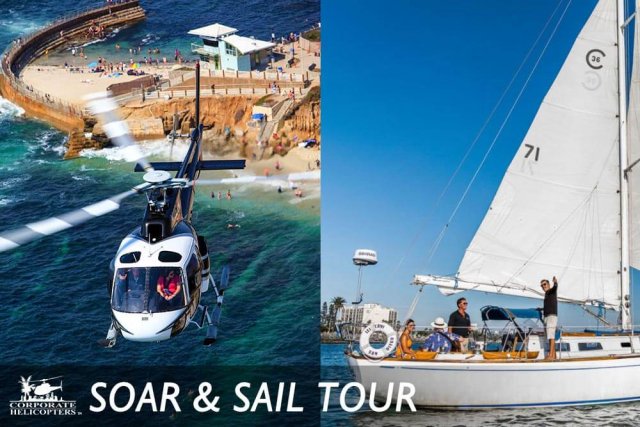 Photos of a helicopter and a boat. Text reads: Soar & Sail Tour