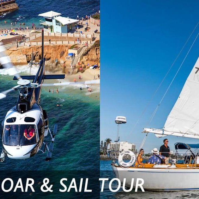 Photos of a helicopter and a boat. Text reads: Soar & Sail Tour
