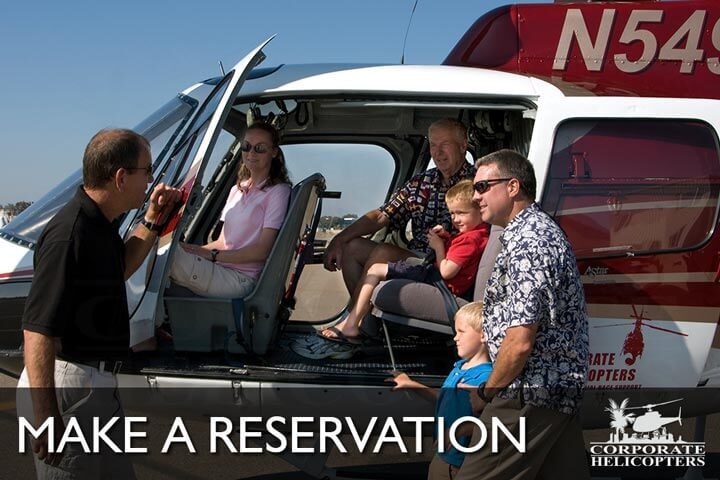 Family in a helicopter. Text reads: Make a reservation