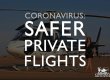 A woman poses in front of a helicopter. Text overlay reads: Coronavirus: Safer Private Flights