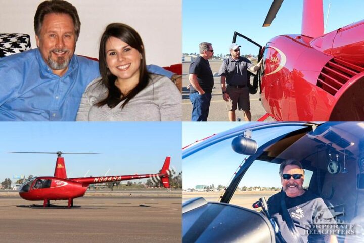 Collage of photos with a daughter and her father taking a helicopter flight lesson