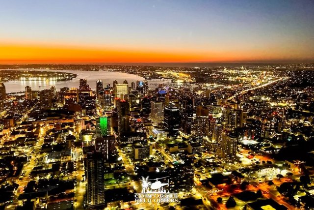 Downtown San Diego aerial photo at at night