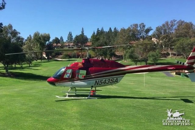 A helicopter landed on a green golf course