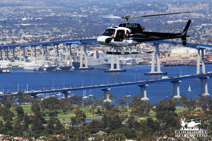 Helicopter flying, the Coronado Bridge in the background