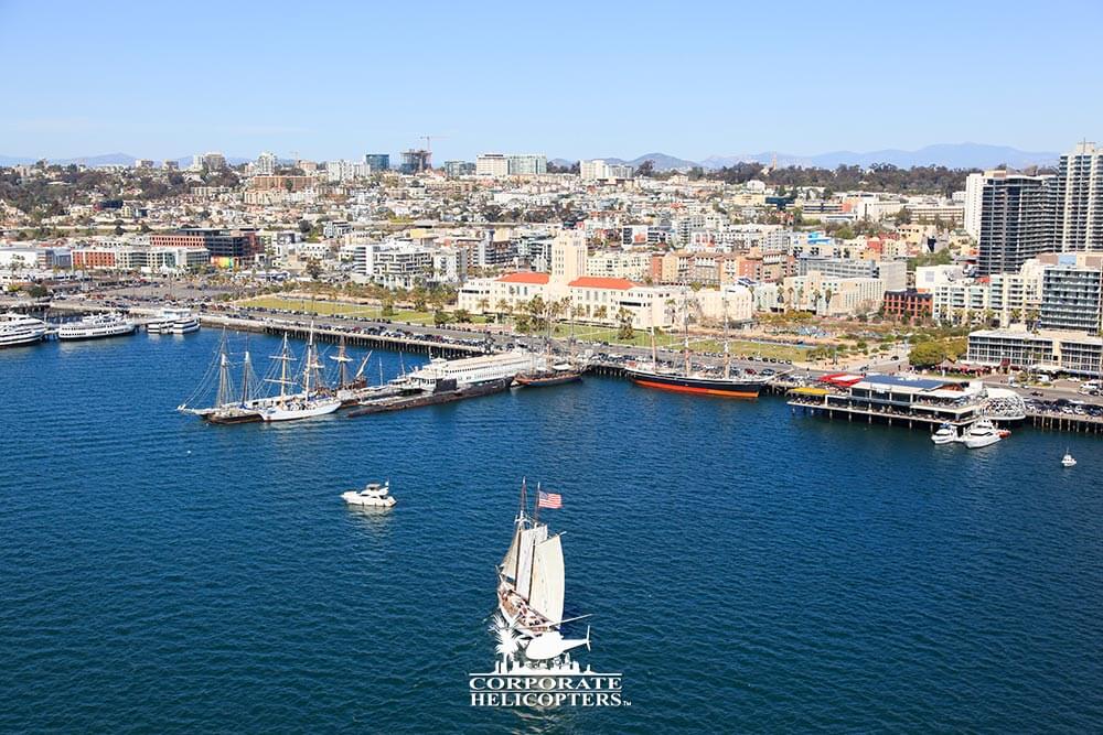 The Embarcadero, San Diego Bay, photographed from the air during a helicopter tour from Corporate Helicopters of San Diego.