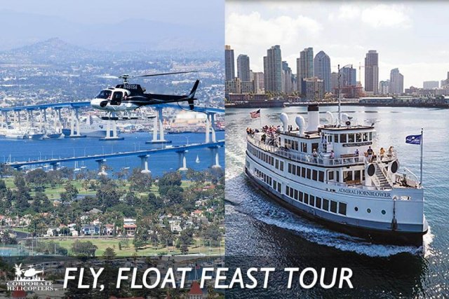 Photos of Helicopter tour and Hornblower cruise. Text reads: Fly, Float Feast Tour