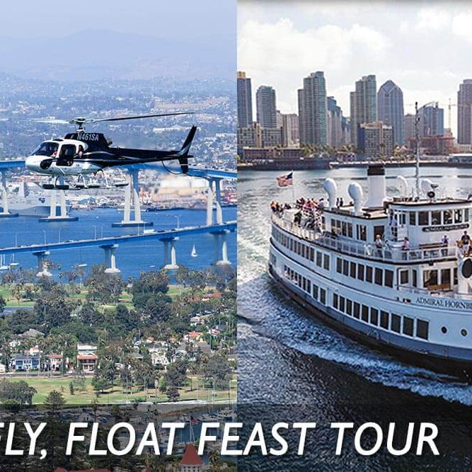 Photos of Helicopter tour and Hornblower cruise. Text reads: Fly, Float Feast Tour