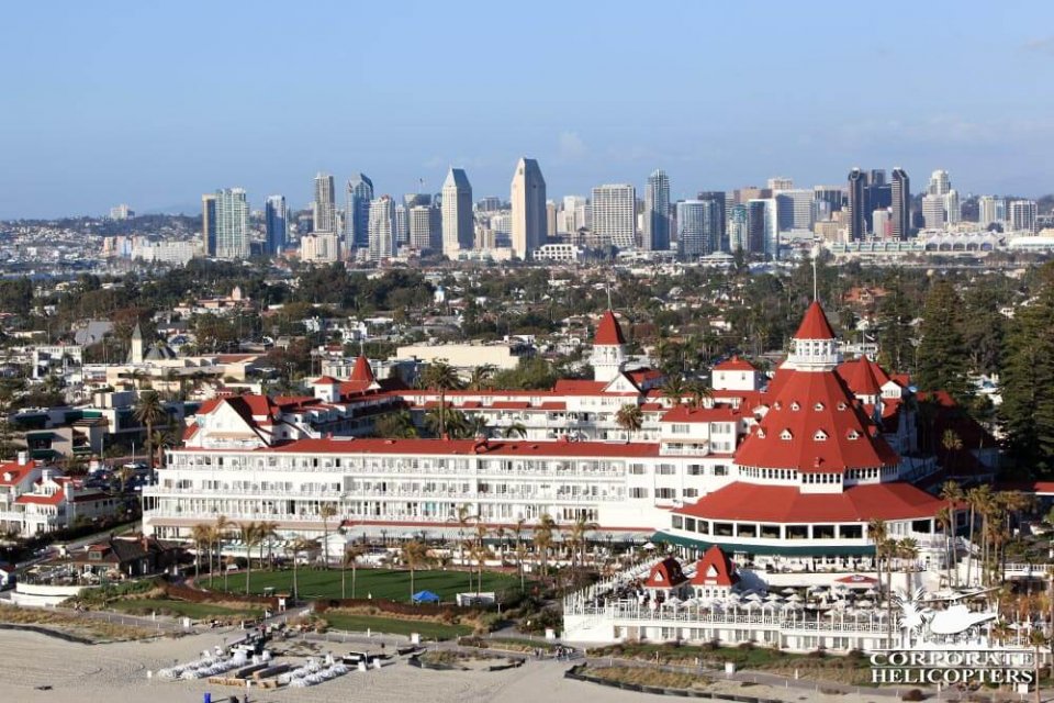 Aerial photo of Hotel Del Coronado, Coronado Island.