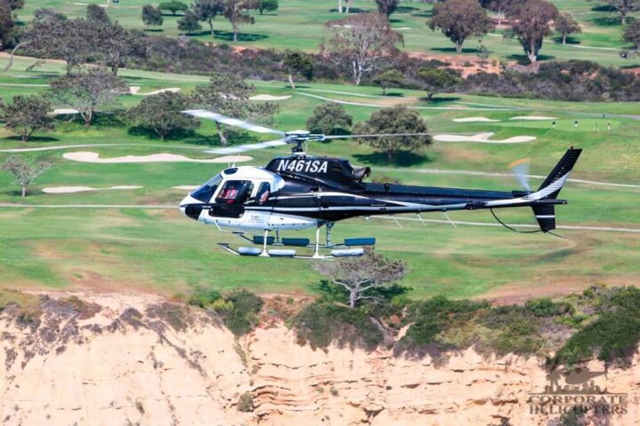 Helicopter flying over the Torrey Pines Golf Course in La Jolla.