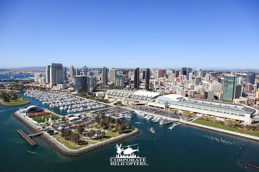 San Diego Convention Center, photographed by air during a helicopter tour from Corporate Helicopters of San Diego.