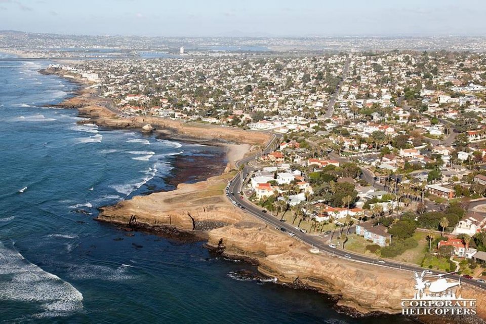 Aerial photo of Sunset Cliffs coastline in Ocean Beach.
