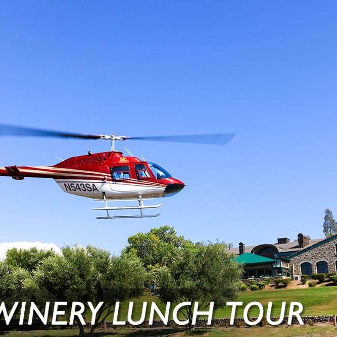 Couple drinking wine at Callaway Winery, helicopter in background. Text reads: Winery Lunch Tour