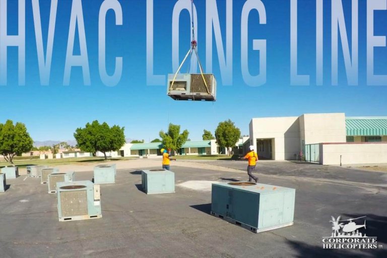 HVAC unit being lifted in the air. Text overlay reads: HVAC LONG LINE