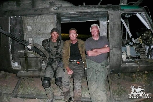 Ivor Shier, poses with 2 others in a helicopter on the set of the Terminator Salvation.