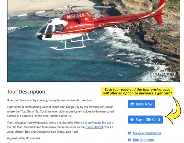 Screenshot of Corporate Helicopters website showing that Gift Cards are now available