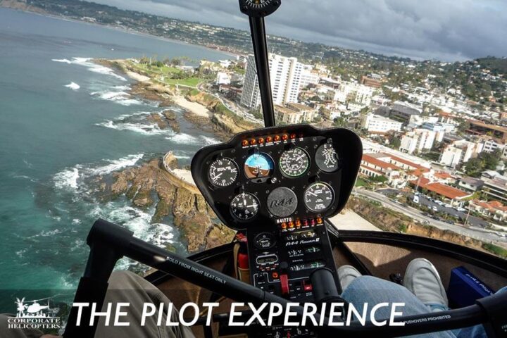 The Pilot Experience. View of La Jolla Cove from inside a Robinson helicopter