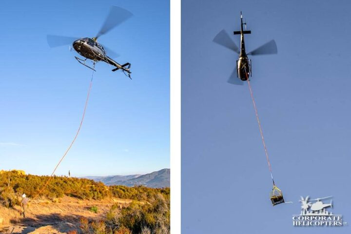 2 photos of helicopter towing equipment via long line