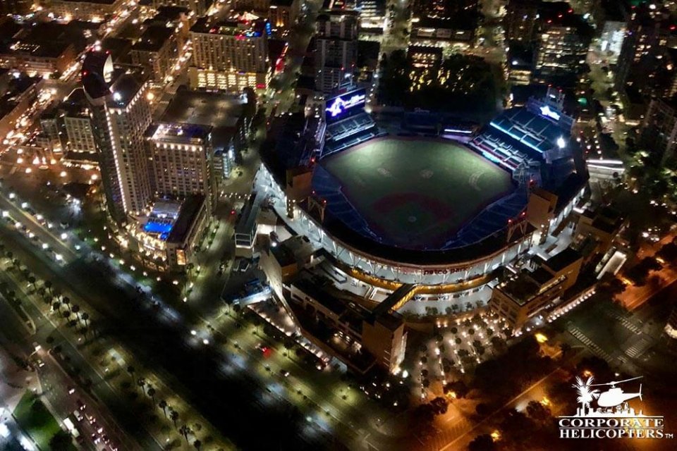 Aerial shot of Petco Park at night