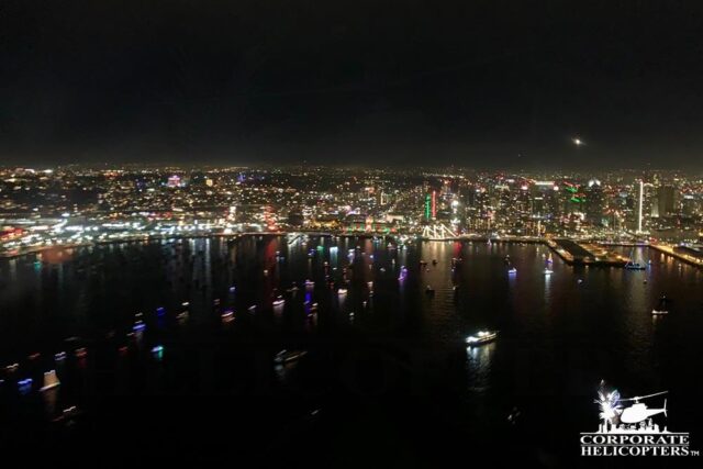 San Diego Bay Night time Aerial shot of San Diego Bay during the Parade of Lights