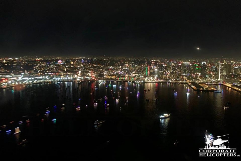 Night time Aerial shot of San Diego Bay during the Parade of Lights