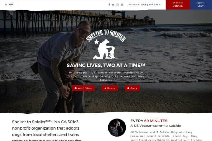 Shelter-To-Soldier web site. Text reads: Saving Lives, Two at a Time