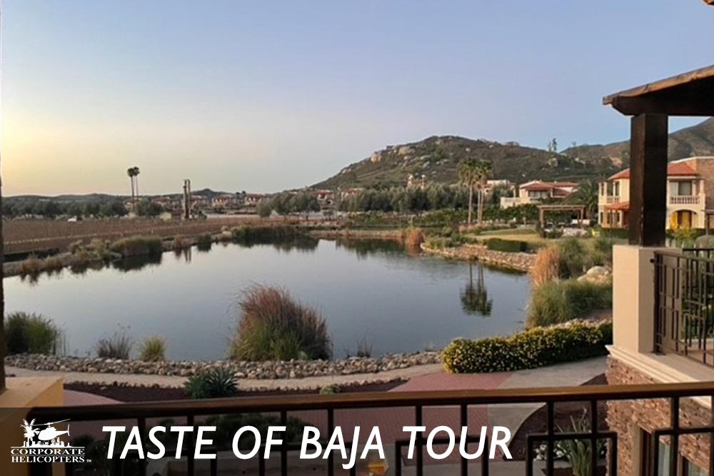 A lake at a resort. Text reads Taste of Baja Tour