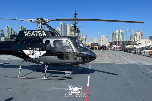 Corporate Helicopters' Airbus helicopter landed on the USS Midway for Top Gun Maverick premiere