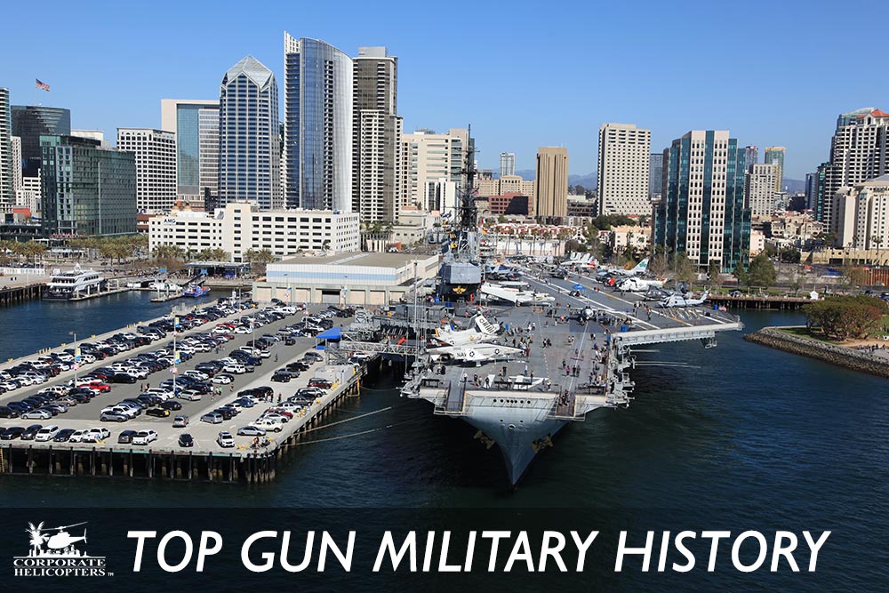 Aerial view of the USS Midway. Text reads: Top Gun Military History