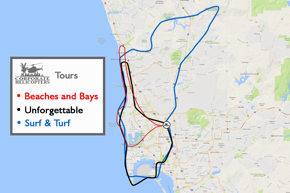 Approximate flight routes for the 3 main tours from Corporate Helicopters. . Call (858) 505-5650 if you need a detailed description.